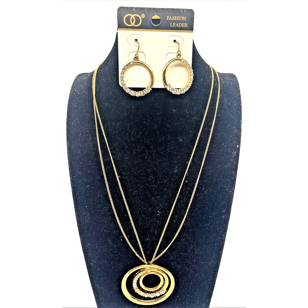 Jewelry Set Necklace & Earrings Gold Plated Faux Diamond Fashion Leader Costume